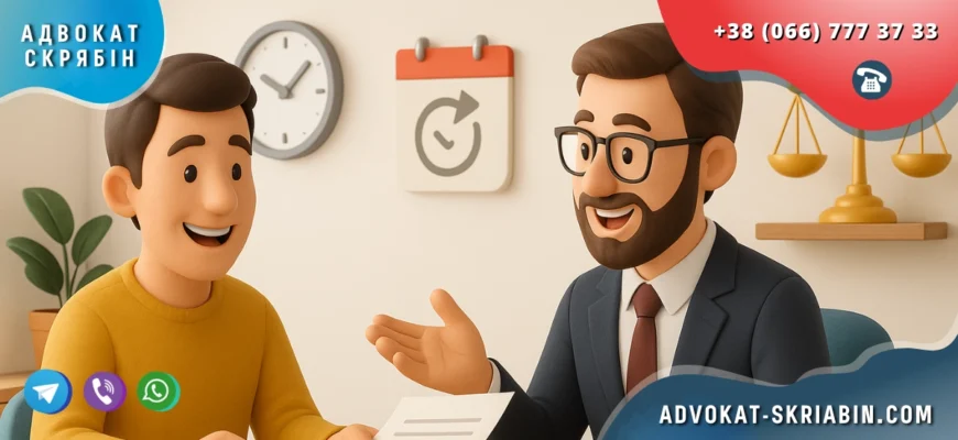 Клопотання про перенесення розгляду справи — клієнт та адвокат у світлому офісі з календарем і годинником, доброзичлива атмосфера