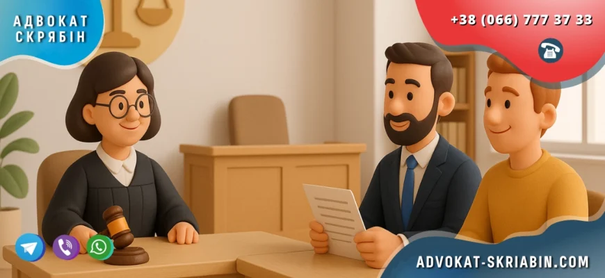 Клопотання про розгляд справи без участі та присутності відповідача — позивач і адвокат у світлому залі суду, порожнє місце відповідача, позитивна атмосфера