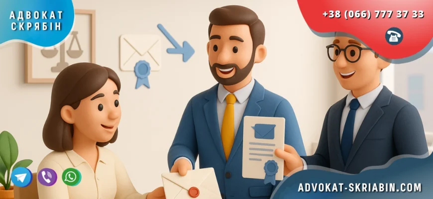 Заява про надіслання рішення суду, яке не набрало законної сили, адвокату — світлий офіс, працівниця канцелярії передає конверт адвокату, клієнт поруч, доброзичлива атмосфера