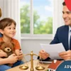 Alimony lawyer consultation with mother and child in a modern office