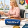 Apostille on documents in Ukraine with official papers, seal and legal consultation in modern office interior