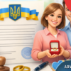 certificate on marital status in Ukraine with official document, wedding rings and positive couple in modern office interior