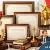 Certificates and professional merits of lawyer Oleksii Skriabin displayed in a modern law office interior