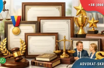 Certificates and professional merits of lawyer Oleksii Skriabin displayed in a modern law office interior