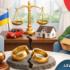 Divorce law in Ukraine with court symbols, balanced scales of justice, broken wedding rings and positive spouses in modern interior