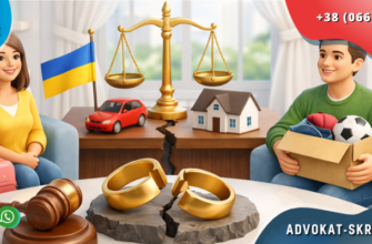 Divorce law in Ukraine with court symbols, balanced scales of justice, broken wedding rings and positive spouses in modern interior