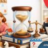 3D scene showing positive couple with lawyer and hourglass symbolizing delay of a divorce case in court