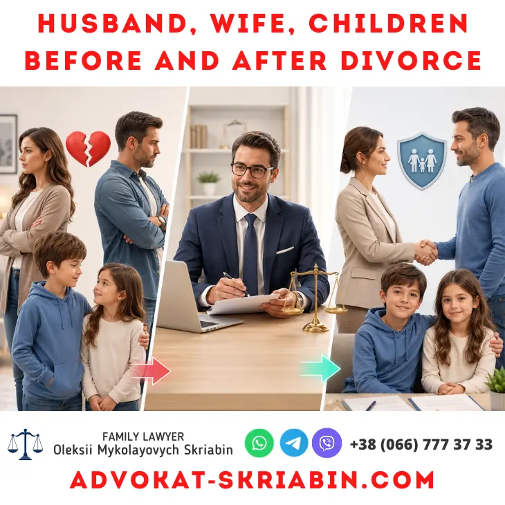 Husband, wife, children before and after divorceю Husband, wife and children before and after divorce with legal support from a family lawyer