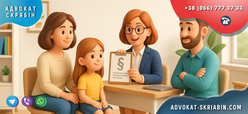 Оформлення опіки над дитиною після розлучення — батьки з дитиною на консультації в світлому офісі, позитивні емоції