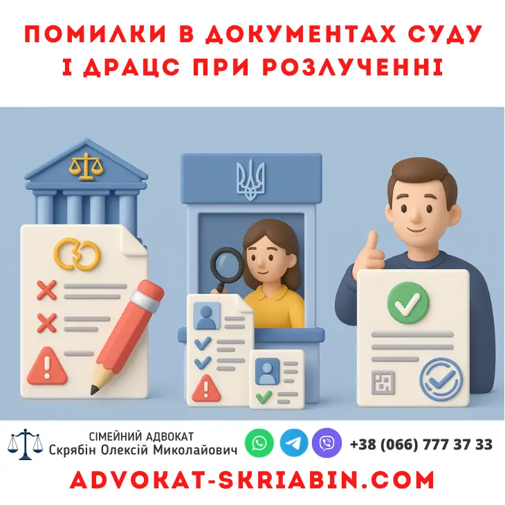 3D інфографіка помилки в документах суду і ДРАЦС при розлученні: червоні хрестики, перевірка даних, виправлення та повторна подача, зелена відмітка