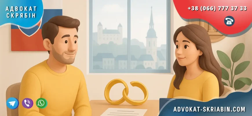 Розлучення у Словаччині для українців — позитивна 3D-сцена в світлому інтер’єрі з символами Словаччини та України, кільцями й документами без тексту