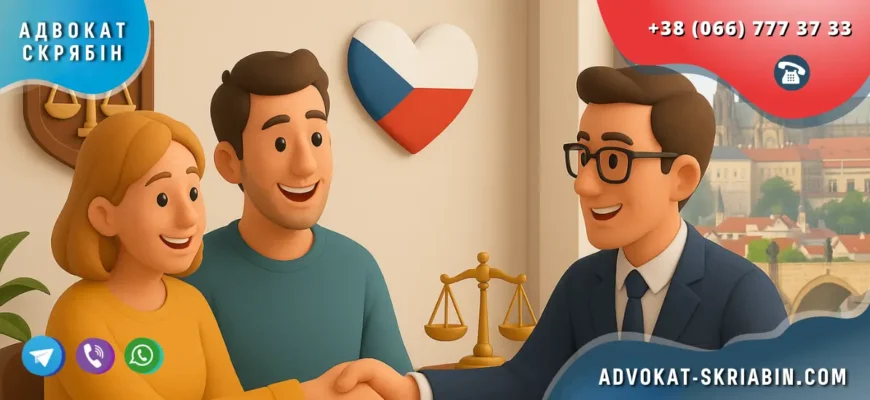 Розлучення в Чехії для українців у світлому юридичному інтер’єрі з виглядом на Карлів міст і Празький Град, символи правосуддя