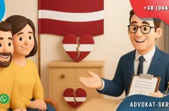 Розлучення в Латвії для українців у світлому інтер’єрі з прапором Латвії та символічним розбитим серцем, доброзичливі герої