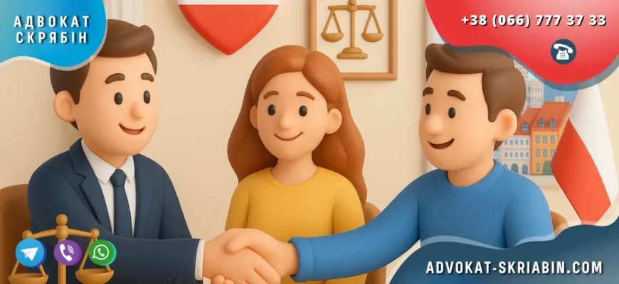 Розлучення в Польщі для українців у світлому юридичному інтер’єрі з варшавським краєвидом та символами правосуддя