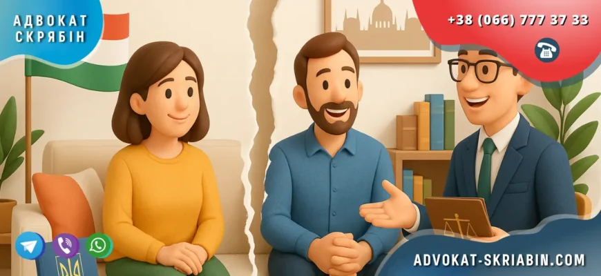 Розлучення в Угорщині для українців — консультація адвоката, легкий світлий інтер’єр, символіка Угорщини та України, без тексту