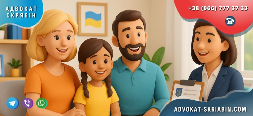 Умови для усиновлення дитини іноземцями в Україні — світлий офіс, подружжя з дитиною та посадовиця з документами, доброзичлива атмосфера