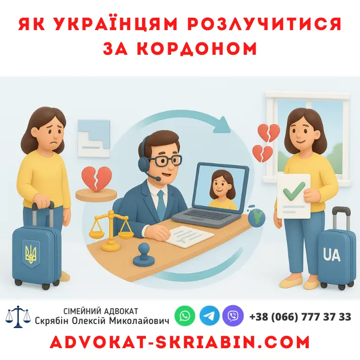 Інфографіка без тексту про те, як українцям розлучитися за кордоном: до, під час та після процесу з онлайн-підтримкою адвоката