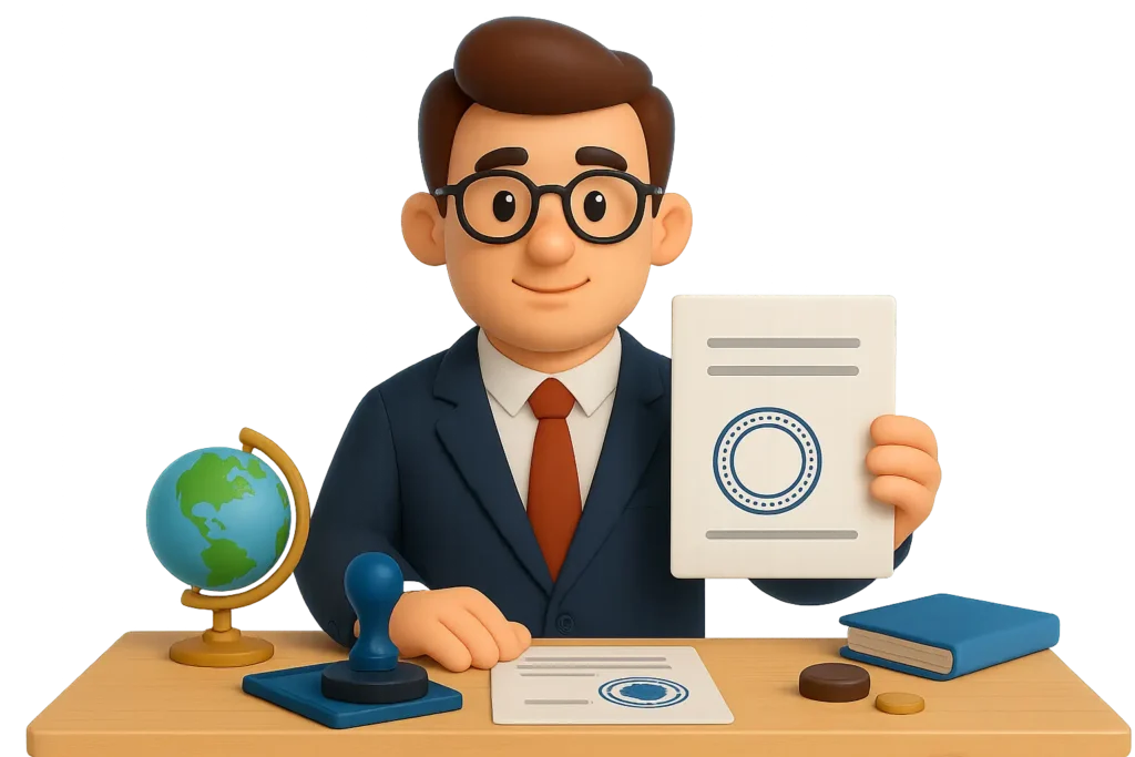 адвокат показывает документ с апостилем для использования за границей