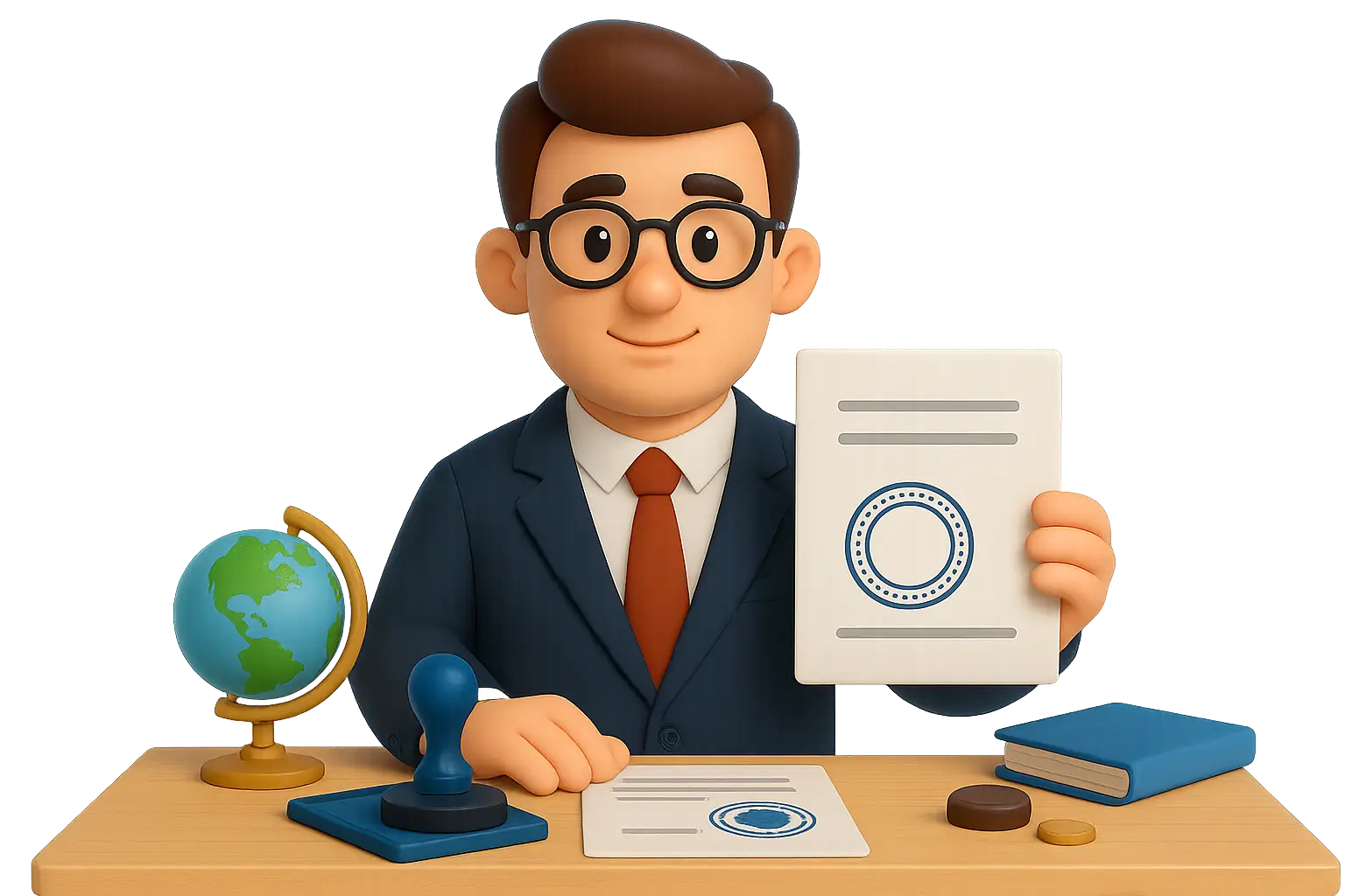 Lawyer holding a legal document with an apostille, with a globe, seal, and books on the desk, symbolizing apostille services for documents in Ukraine.