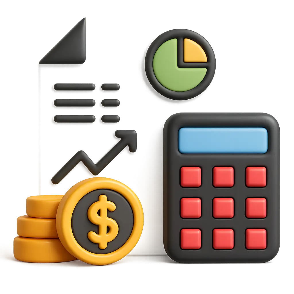 Financial calculator, charts, and money coins, symbolizing child alimony calculations