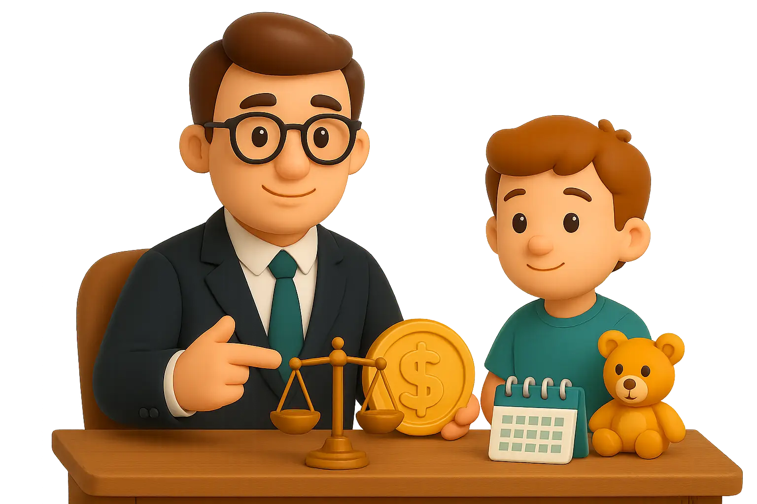 Lawyer and child sitting at a desk with a scale of justice, money coin, teddy bear, and calendar, symbolizing child alimony legal services.
