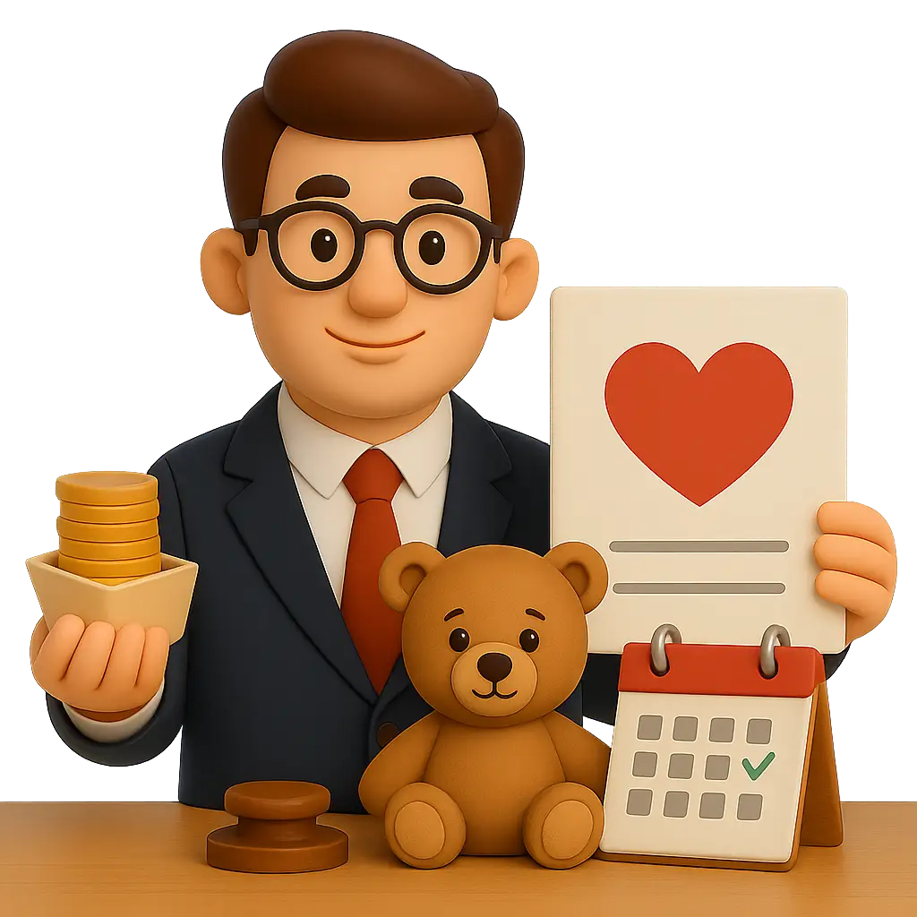 Lawyer holding legal documents and a teddy bear with coins and a calendar representing child alimony