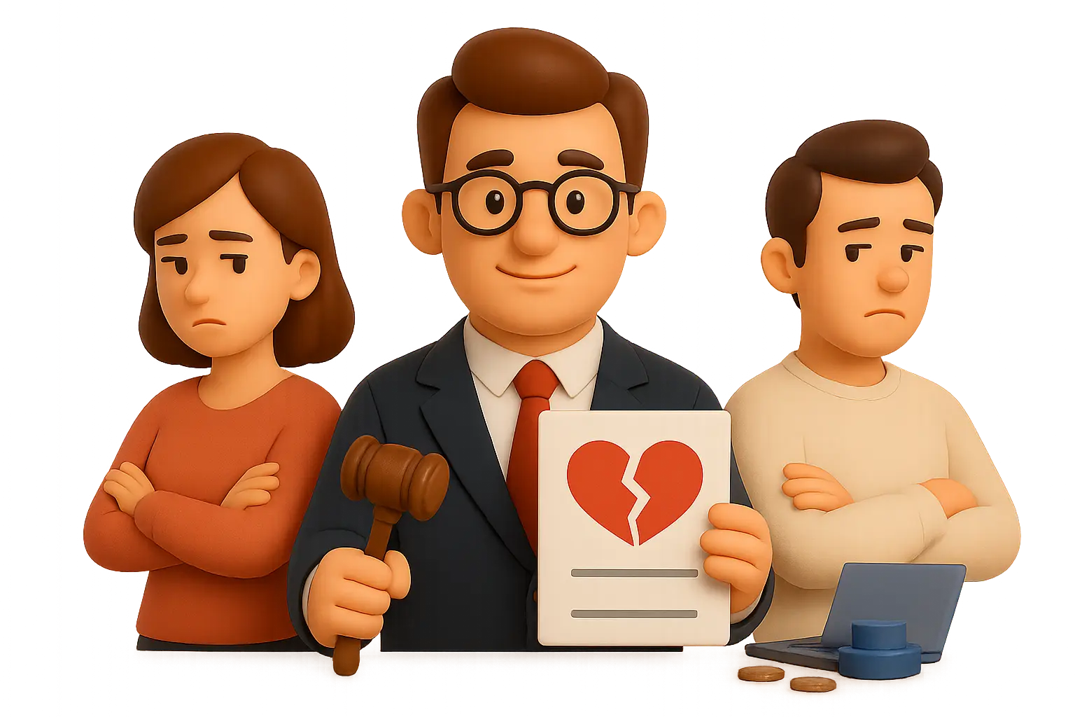 Lawyer holding divorce papers with a broken heart symbol, flanked by a sad couple, representing divorce proceedings in Ukraine