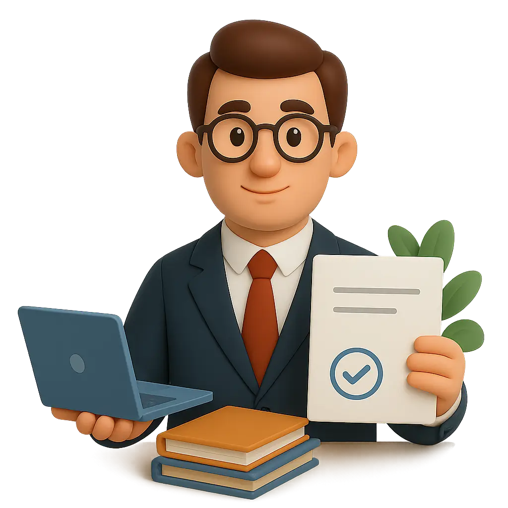 Lawyer holding a document with a checkmark, a laptop, and books on the desk, representing legal consultation and document services