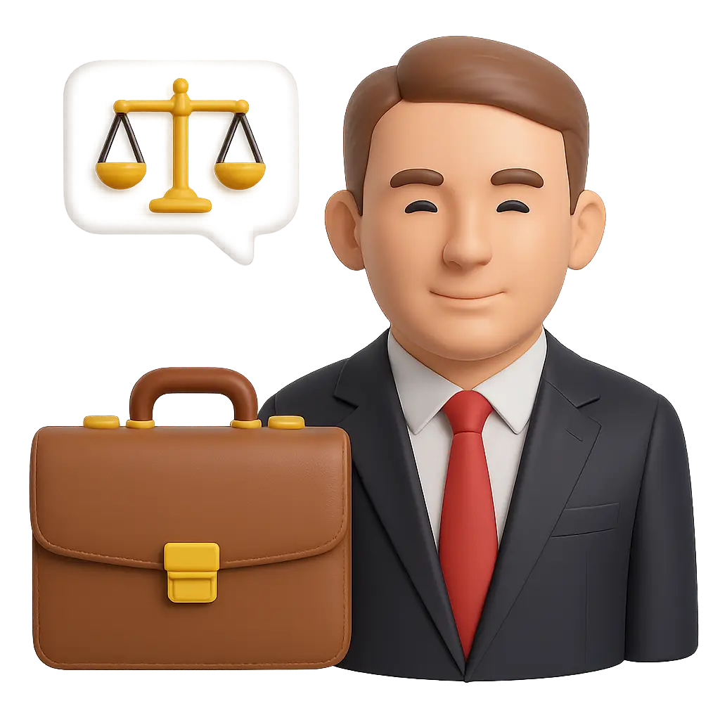Lawyer with a briefcase and scales of justice symbol, representing Oleksii Skriabin, legal services