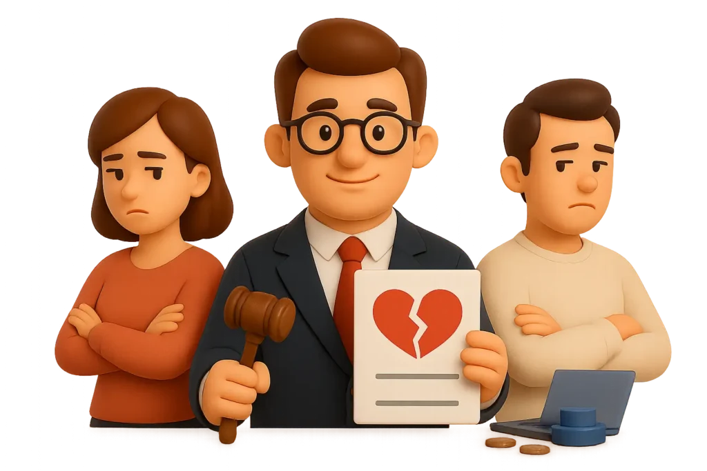 адвокат по разводам между супругами, держащий решение суда о расторжении брака и молоток судьи