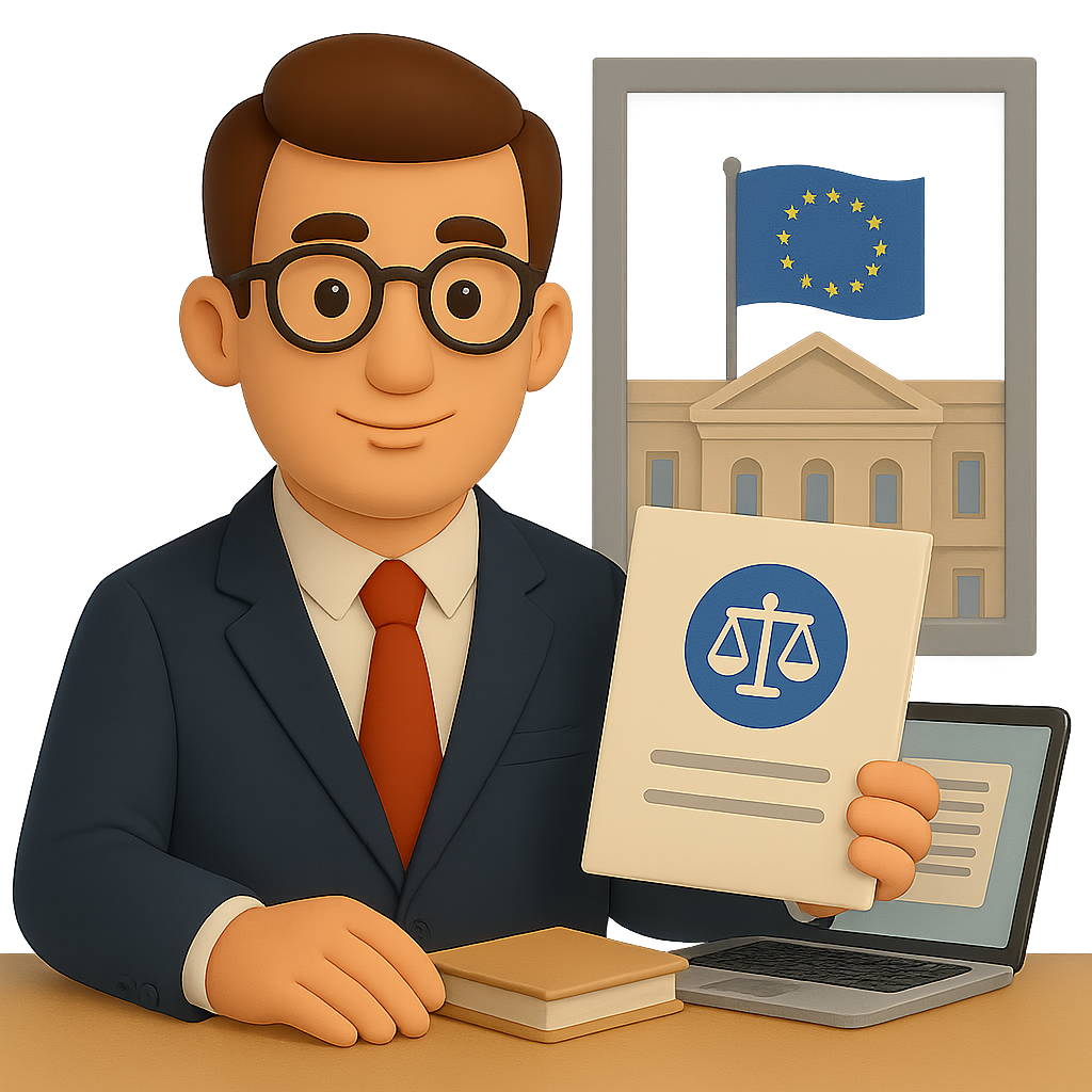 Lawyer holding a legal document with the scales of justice, with the European Union flag and a courthouse in the background, symbolizing the recognition of foreign court decisions.