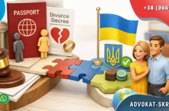 Recognition in Ukraine of a foreign court decision on divorce with court symbols, international documents and positive couple in modern legal interior