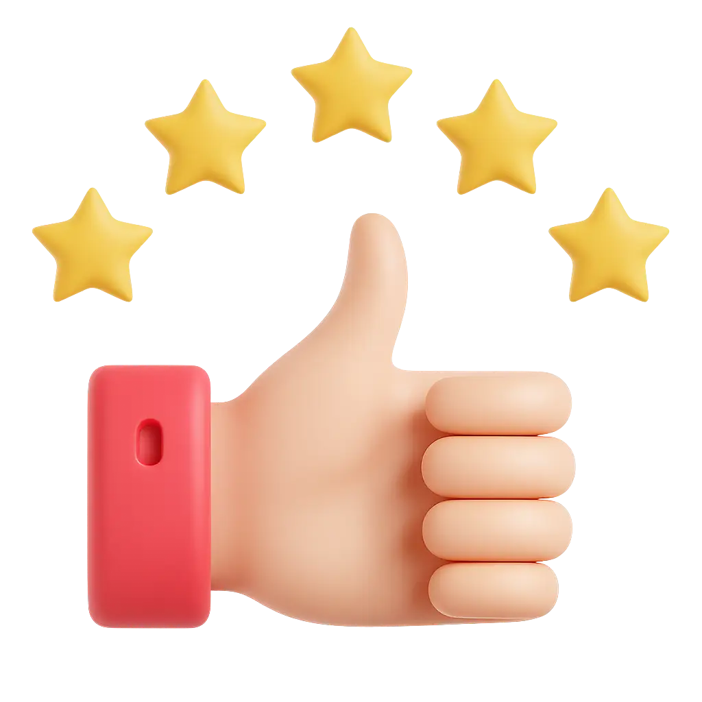 Thumbs up hand with five yellow stars, symbolizing positive reviews and feedback for Olexii Skriabin