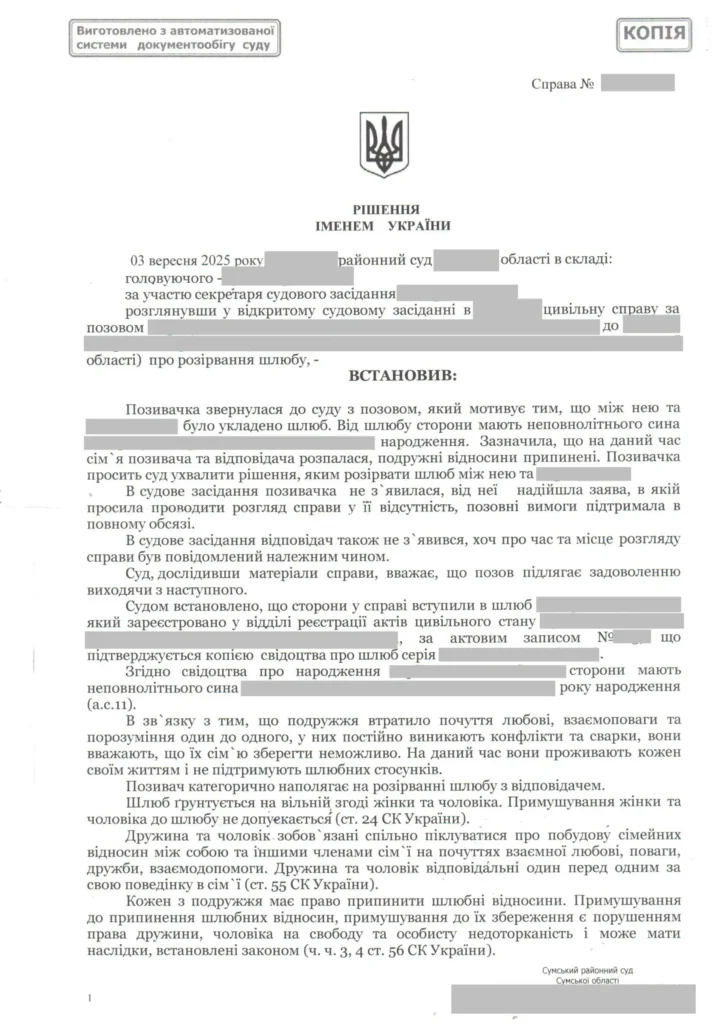 Рішення суду про розірвання шлюбу в Україні — офіційний зразок документа