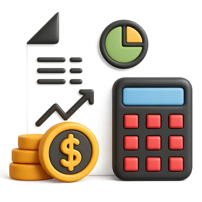 калькулятор, монеты и графики символизируют стоимость юридических услуг адвоката