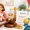 Apostille legalization of a court decision on divorce with positive couple and official documents in a modern legal office