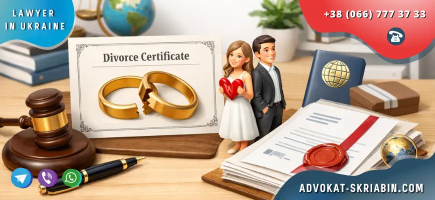 Apostille legalization of divorce certificate with official documents and court symbols in a modern office interior