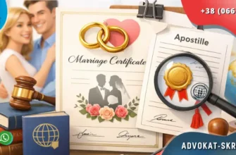 Apostille legalization of marriage certificate with wedding rings and official seal in a bright legal office interior