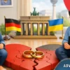 Divorce in Germany for Ukrainians with court concept and symbolic German and Ukrainian elements