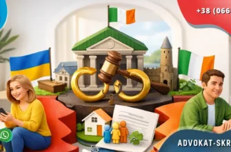 Divorce in Ireland for Ukrainians with court symbolism, positive couple and legal process in bright interior
