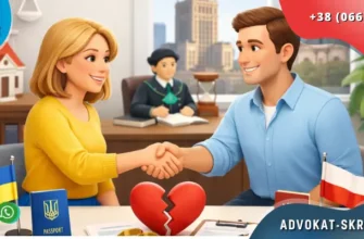 Divorce in Poland for Ukrainians in a bright legal office with amicable couple and Polish and Ukrainian symbols