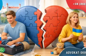 Positive Ukrainian family during divorce process in Slovakia with symbolic separation and legal elements in a bright interior