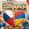 Divorce in the Czech Republic for Ukrainians with court symbols, broken heart in Czech and Ukrainian colors, positive couple in modern interior