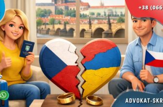 Divorce in the Czech Republic for Ukrainians with court symbols, broken heart in Czech and Ukrainian colors, positive couple in modern interior