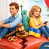 Divorce in the USA for Ukrainians with court symbols, judge gavel, split heart and American and Ukrainian flags in bright interior