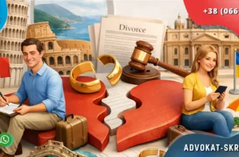 Divorce in Italy for Ukrainians with positive couple, Italian landmarks and legal symbols in bright interior