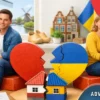 Divorce in the Netherlands for Ukrainians with court symbols, split property, passports and positive couple in Dutch interior