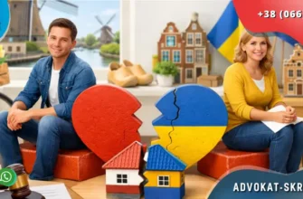 Divorce in the Netherlands for Ukrainians with court symbols, split property, passports and positive couple in Dutch interior