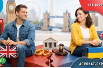 Divorce in the United Kingdom for Ukrainians with court symbols, split platform, British and Ukrainian elements in a bright interior