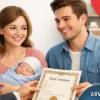 Obtain a birth certificate through a lawyer in Ukraine in a bright civil registry office with happy parents and newborn